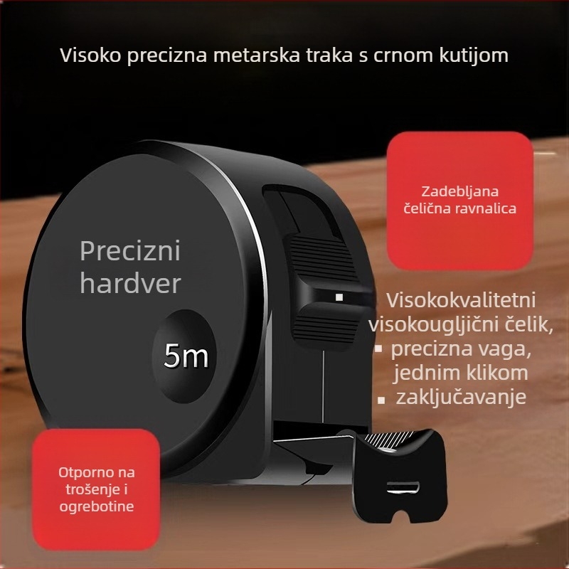 Samozaključavajuća čelična mjerna traka s crnim kućištem, 5 m raspon, otpornost na pad, visoka preciznost