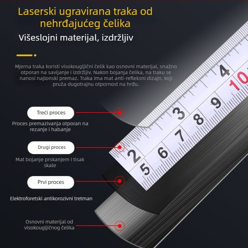 Samozaključavajuća čelična mjerna traka s crnim kućištem, 5 m raspon, otpornost na pad, visoka preciznost