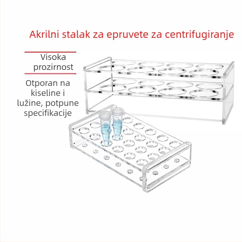 Pleksiglas držač za centrifugalne cijevi i epruvete, otporan na kiseline i lužine, izdržljiv, s kapacitetom 0.2/0.5/1.5/5/10/15/50/100 ml