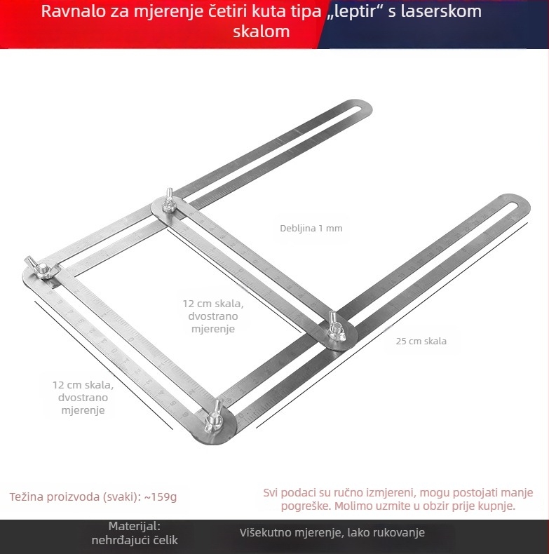 Univerzalno kutno mjerno pravilo, višenamjensko četverokutno pravilo, od nehrđajućeg čelika, sklopni mjerni alat za keramiku i stolarske radove