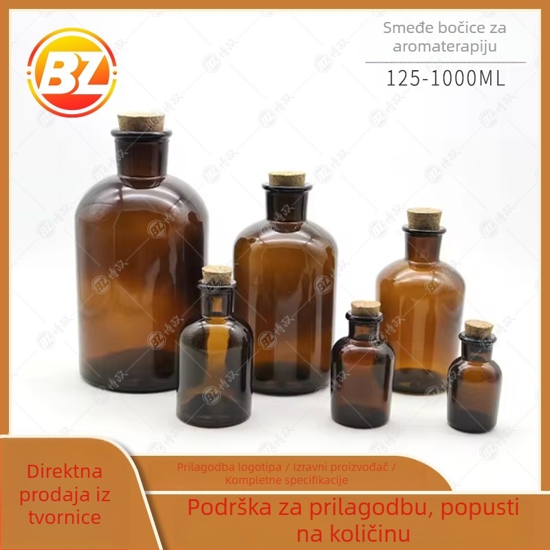 Jantarna staklena boca za aromaterapiju s plutenim čepom, kapacitet 125–1000 ml, 500 ml, širokim otvorom, otporna na svjetlo