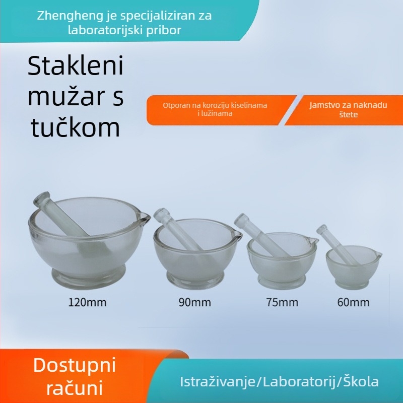 Staklena mortara s pestalom, posuda za lijekove i staklena zdjela za mljevenje, promjeri 60/75/90/120/150 mm