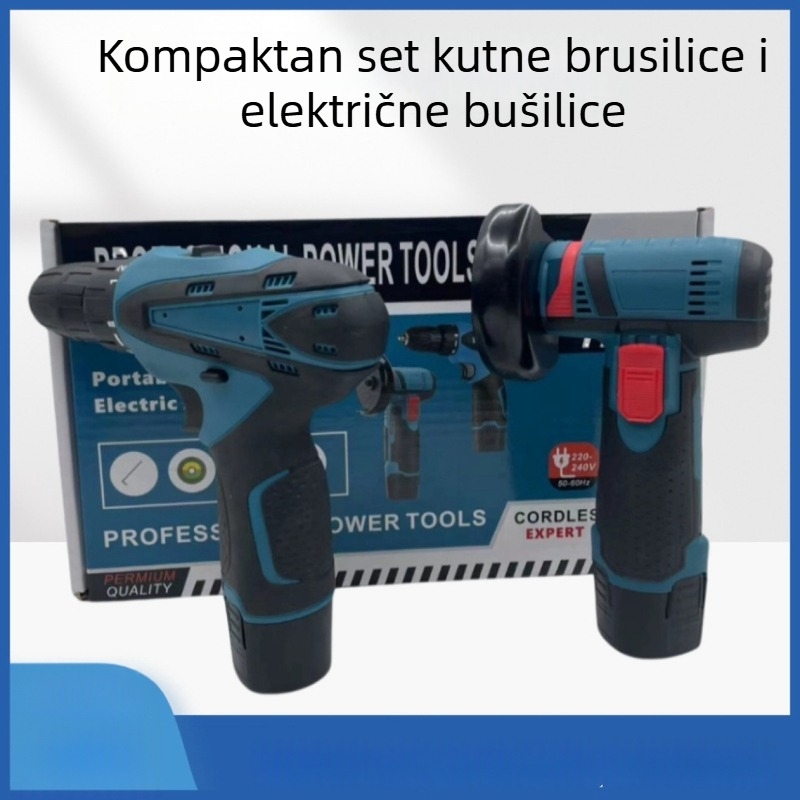 Set bežične bušilice i kutne brusilice 12V s dvije baterije i punjačem