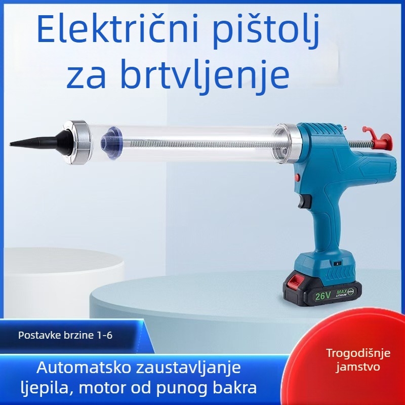 Električni pištolj za silikon, napajan litijskom baterijom, jednocijevna konstrukcija, univerzalan za mekane i tvrde silikon mase, automatsko zaustavljanje protoka