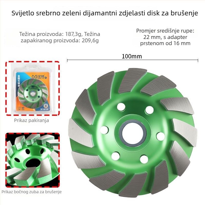 Dijamantni kupolasti disk za kutnu brusilicu, debeo za velike grudice, za brušenje i poliranje mramora, cementa i betona