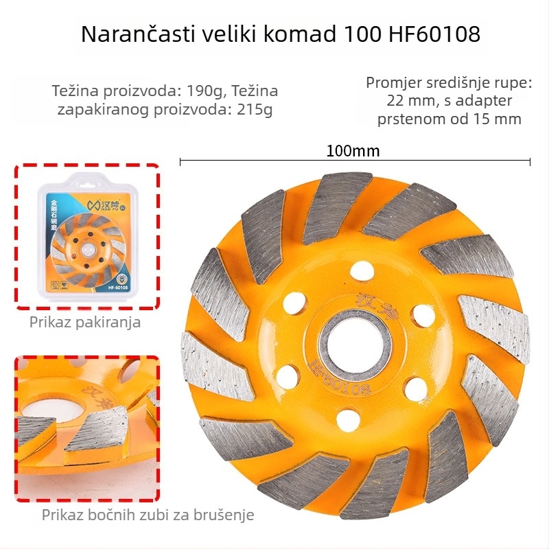 Dijamantni kupolasti disk za kutnu brusilicu, debeo za velike grudice, za brušenje i poliranje mramora, cementa i betona