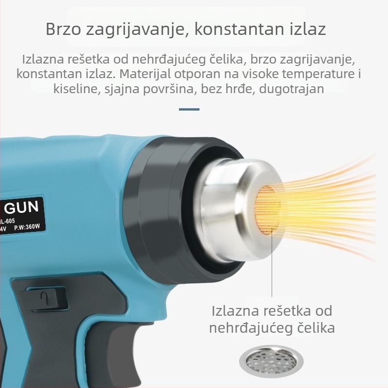 Prijenosni pištolj za vrući zrak s litijskom baterijom za automobilsku foliju, visoka temperatura, regulirana temperatura, 4 mlaznice