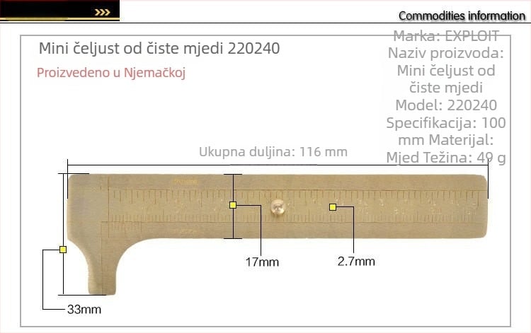 EXPLOIT Proizvedeno u Njemačkoj, visoko precizan bakreni mini vernier kaliper, Wenwan kaliper, model 220239