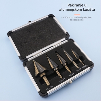 5-djelni set imperialnih stepenih bušilica s aluminijskom kutijom; bušilice za metalne ploče; spiralna bušilica; reamer i brušenje