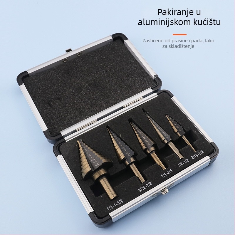 5-djelni set imperialnih stepenih bušilica s aluminijskom kutijom; bušilice za metalne ploče; spiralna bušilica; reamer i brušenje