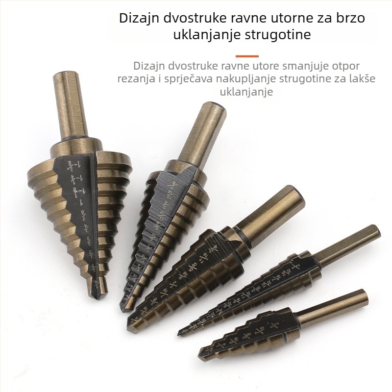 5-djelni set imperialnih stepenih bušilica s aluminijskom kutijom; bušilice za metalne ploče; spiralna bušilica; reamer i brušenje