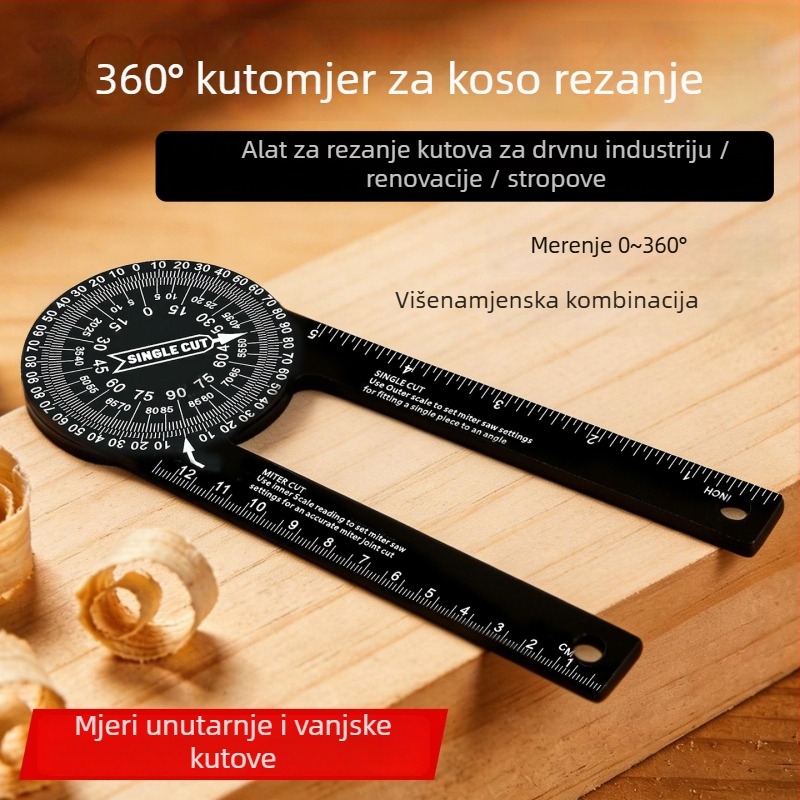 Kutomjer od aluminijskog legura za stolariju, 360° pozicioniranje kuta, višefunkcionalni precizni mjerni alat