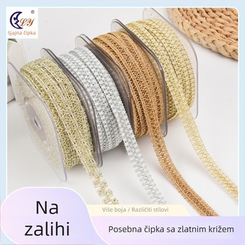 Višebojna čipkasta traka s zlatnim tonom, širine 1,3 cm, križni rub za odjeću