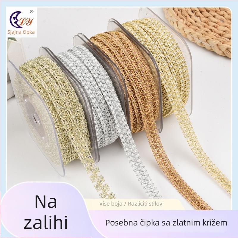 Višebojna čipkasta traka s zlatnim tonom, širine 1,3 cm, križni rub za odjeću
