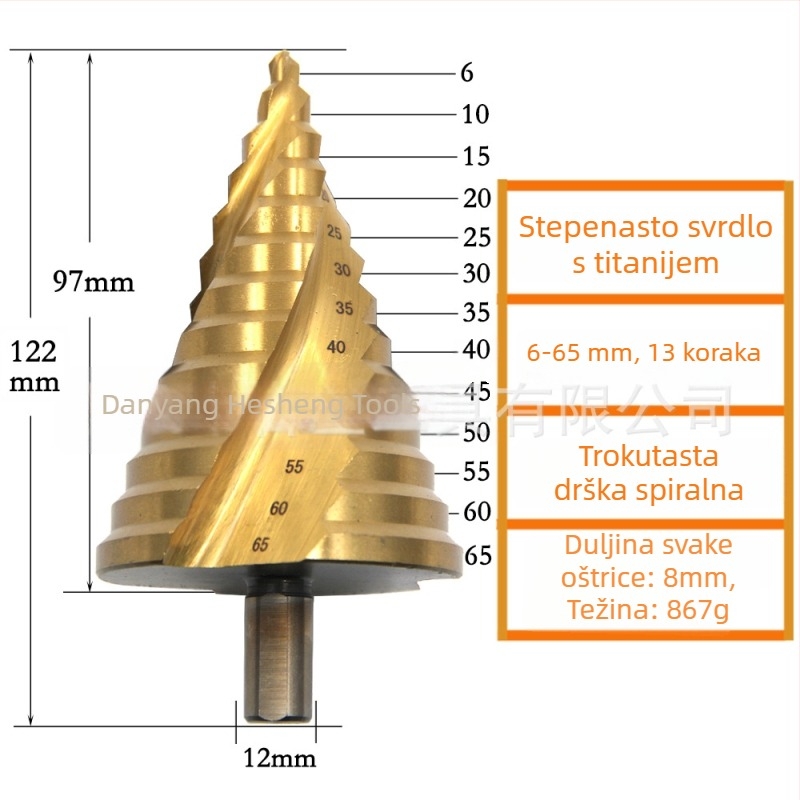Pagoda bušilica velike veličine, 6–65 mm, titanij premaz, stupnjevani bušač s trokutastim osovinama i spiralnim žljebovima, višenamjenski bušač