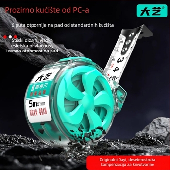 Dayi čelična mjerni traka, 3 m, ojačana tvrda čelična letva, otporna na habanje i padove, izdržljiva za gradilišta, PC materijal trake duljine 5 m