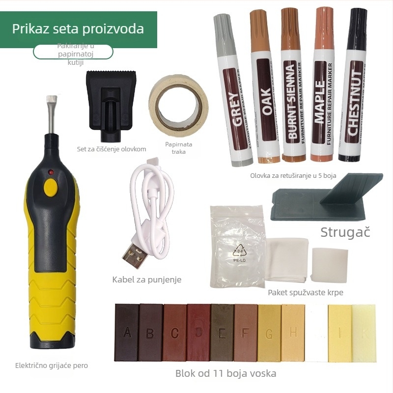 Set alata za popravak drvenog namještaja s višebojnim voskovim olovkama za popunjavanje šavova, alat za završnu obradu šavova, kabel za punjenje i set električne grijane olovke – patentirano
