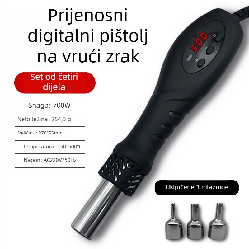 Ručni prijenosni pištolj za toplinski zrak s digitalnim zaslonom, prilagodljiva temperatura za elektroničke popravke i demontažu čipova, 500W