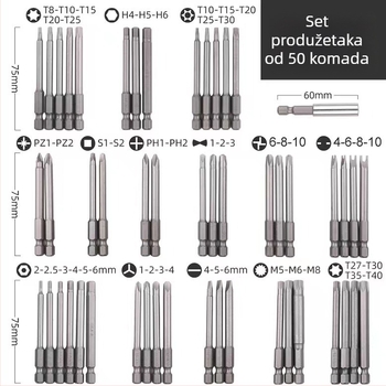 50-dijelni magnetski set bitova za odvijač s produženjem, Philips i plosnate glave za električnu bušilicu