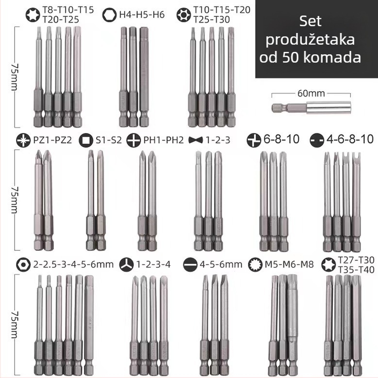50-dijelni magnetski set bitova za odvijač s produženjem, Philips i plosnate glave za električnu bušilicu