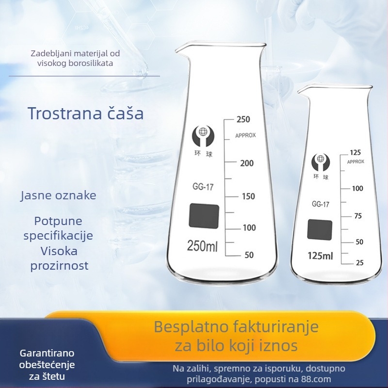 Univerzalni trokutasti laboratorijski bokal, 125/250/500 ml, debelo staklo, proziran s oznakama, konusno otvaranje