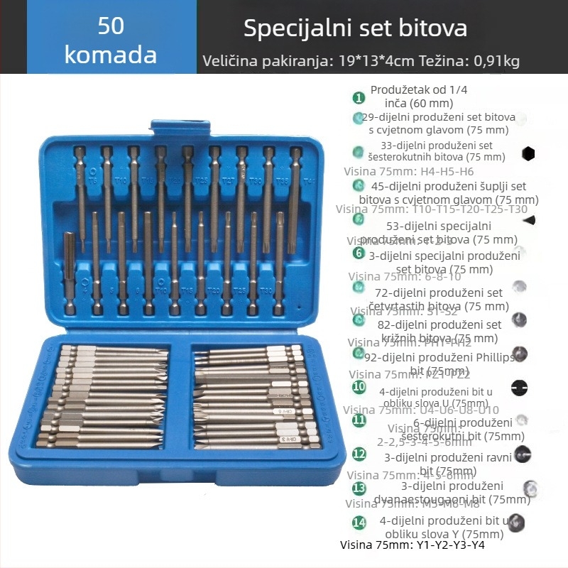 Električni odvijač s magnetskim setom bitova od krom-vanadij čelika, komplet 50 komada ili 36 komada