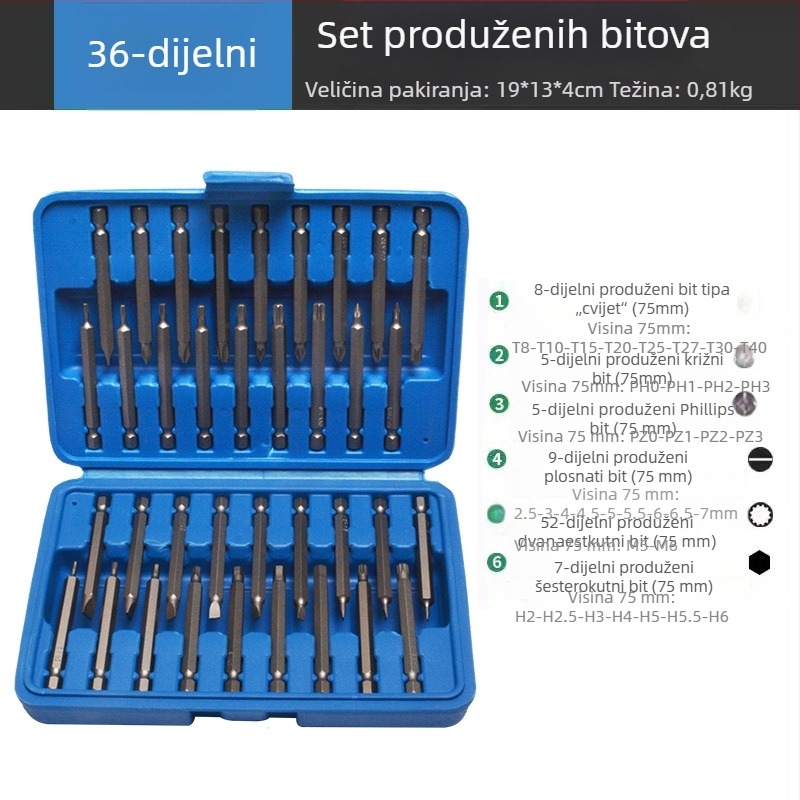 Električni odvijač s magnetskim setom bitova od krom-vanadij čelika, komplet 50 komada ili 36 komada
