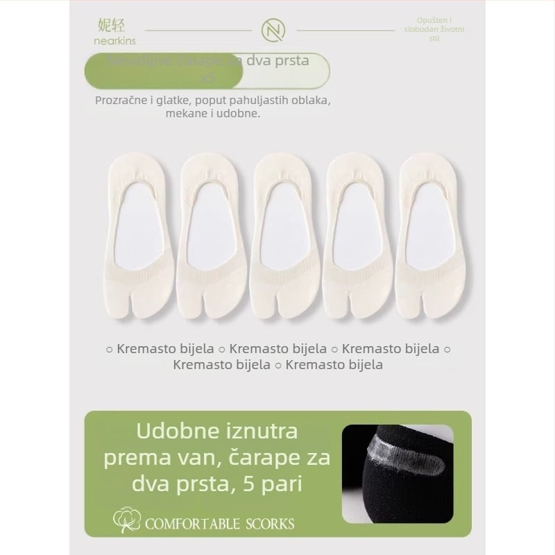 Ženske tanke ljetne čarape s podijeljenim prstom, čarape tipa brod s dva prsta, protuklizne, od pamuka, upijaju znoj, prozirne, niskog kroja, nevidljive čarape