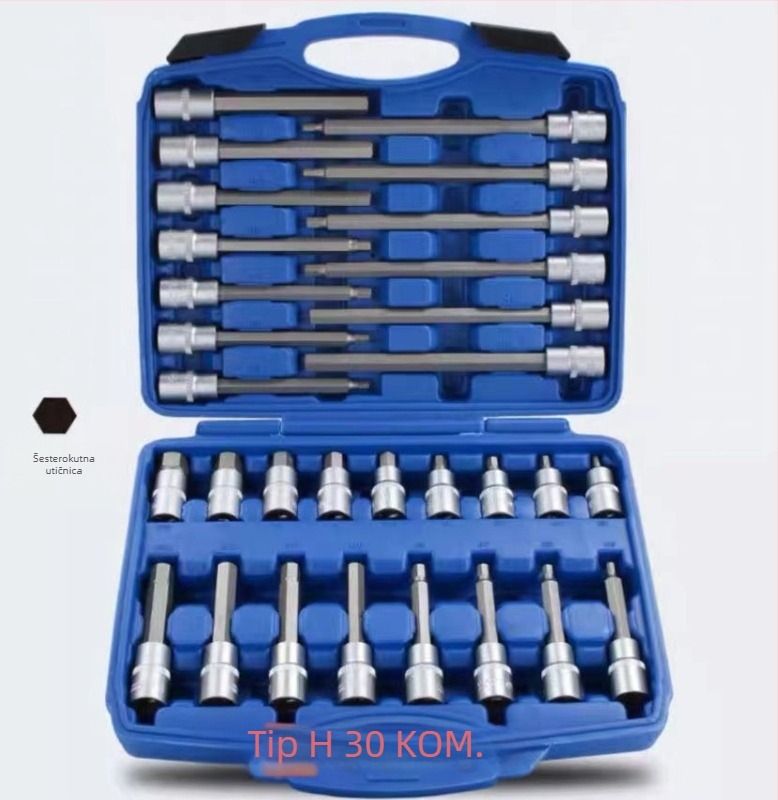 Set hex bitova tipa H, tipa T i tipa M s produženim 12-uglom pogona i skupinom šestouglova utičnica