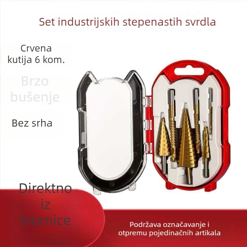 Titansko premazan set pagoda-stilskih stepenastih bušilica za drvo, crvena kutija, visoka učinkovitost otvaranja rupa