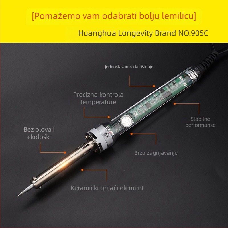 Longevity Brand Huanghua Električna lemilica 60W s vanjskim zagrijavanjem, osvijetljenim vrhom, podešiva temperatura – alat za popravke u radionici i kod kuće