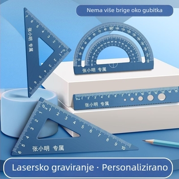 Aluminijski set ravnala s gravurom za osnovnoškolce – ravnalo, kutomjer, trokutno ravnalo – komplet od četiri komada