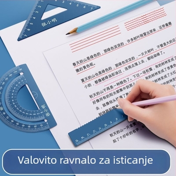 Aluminijski set ravnala s gravurom za osnovnoškolce – ravnalo, kutomjer, trokutno ravnalo – komplet od četiri komada