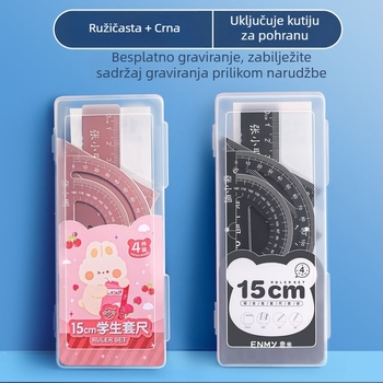 Aluminijski set ravnala s gravurom za osnovnoškolce – ravnalo, kutomjer, trokutno ravnalo – komplet od četiri komada