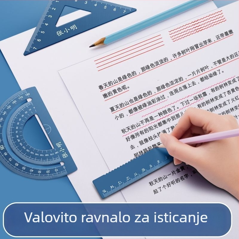 Aluminijski set ravnala s gravurom za osnovnoškolce – ravnalo, kutomjer, trokutno ravnalo – komplet od četiri komada