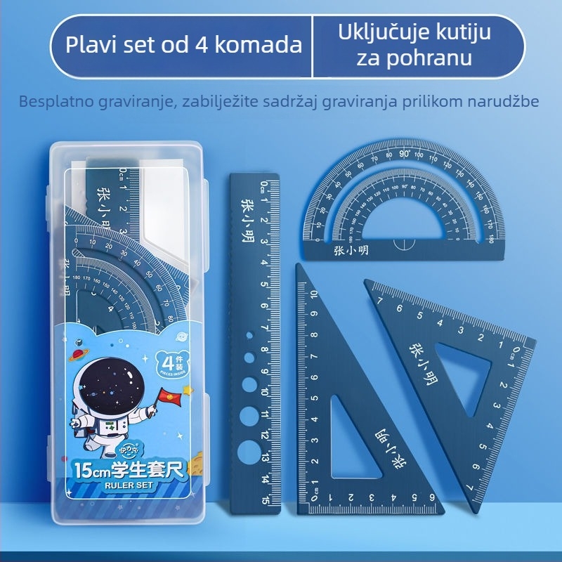 Aluminijski set ravnala s gravurom za osnovnoškolce – ravnalo, kutomjer, trokutno ravnalo – komplet od četiri komada