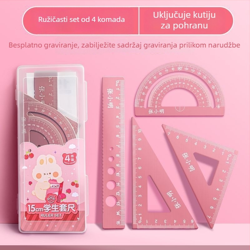 Aluminijski set ravnala s gravurom za osnovnoškolce – ravnalo, kutomjer, trokutno ravnalo – komplet od četiri komada