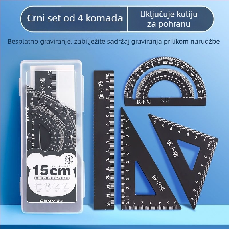 Aluminijski set ravnala s gravurom za osnovnoškolce – ravnalo, kutomjer, trokutno ravnalo – komplet od četiri komada