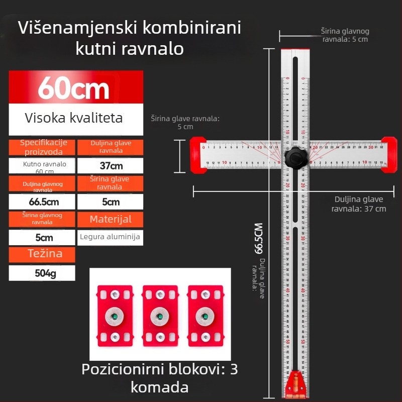 Stolarski višenamjenski T-šestar, 2-u-1 locator za bušenje, pomični kutomjer, kombinirani kvadrat