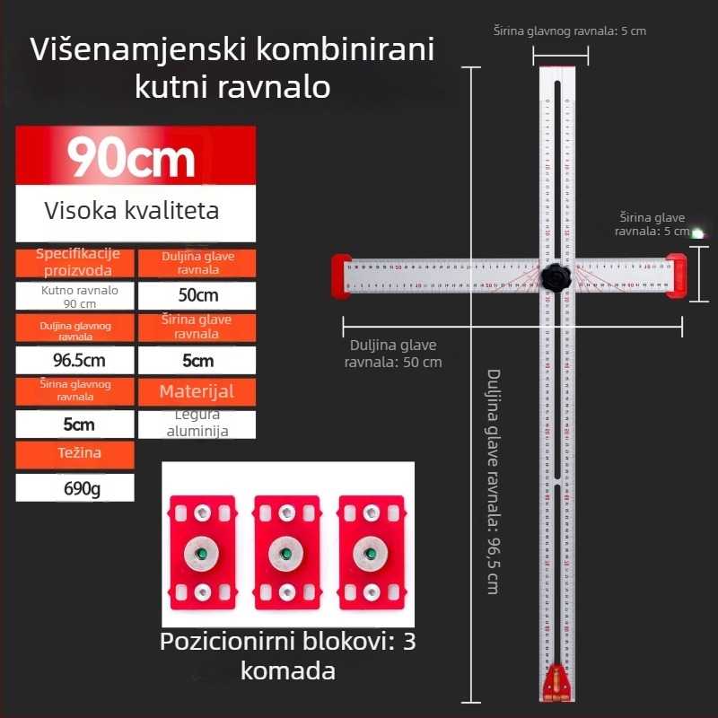 Stolarski višenamjenski T-šestar, 2-u-1 locator za bušenje, pomični kutomjer, kombinirani kvadrat