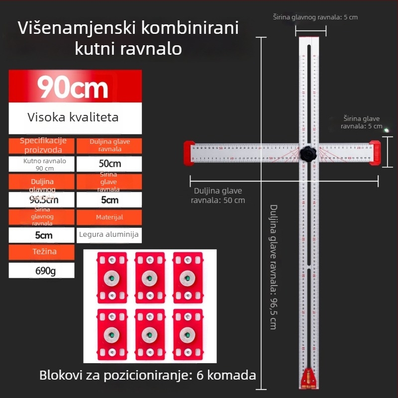 Stolarski višenamjenski T-šestar, 2-u-1 locator za bušenje, pomični kutomjer, kombinirani kvadrat