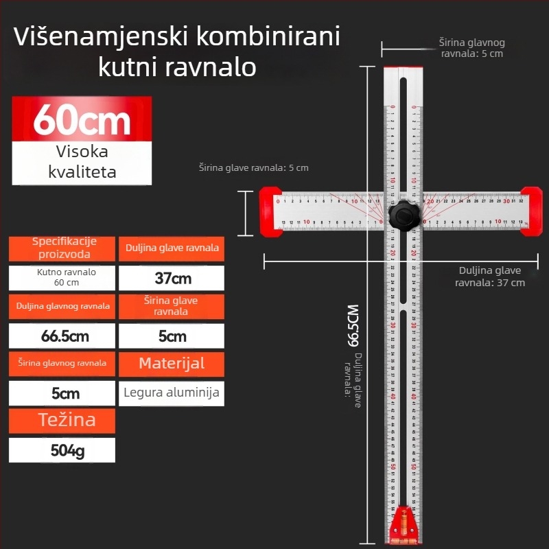 Stolarski višenamjenski T-šestar, 2-u-1 locator za bušenje, pomični kutomjer, kombinirani kvadrat