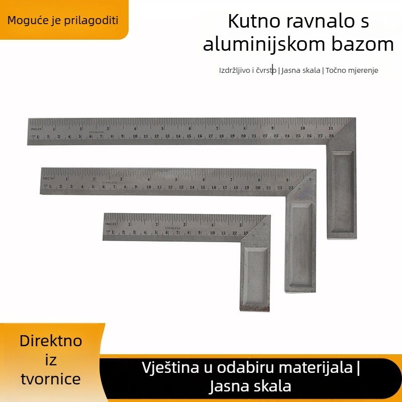 Žuta aluminijska baza s kutnim mjeračem, duljine 8 inča (300 mm), čelična traka, za stolariju.
