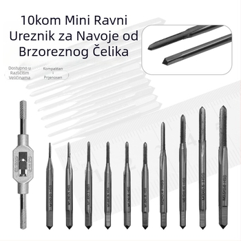 Set od 10 mini tapsova s pravim žljebovima, HSS, uz ključ za taps, veličine M1×0.2–M3×0.6