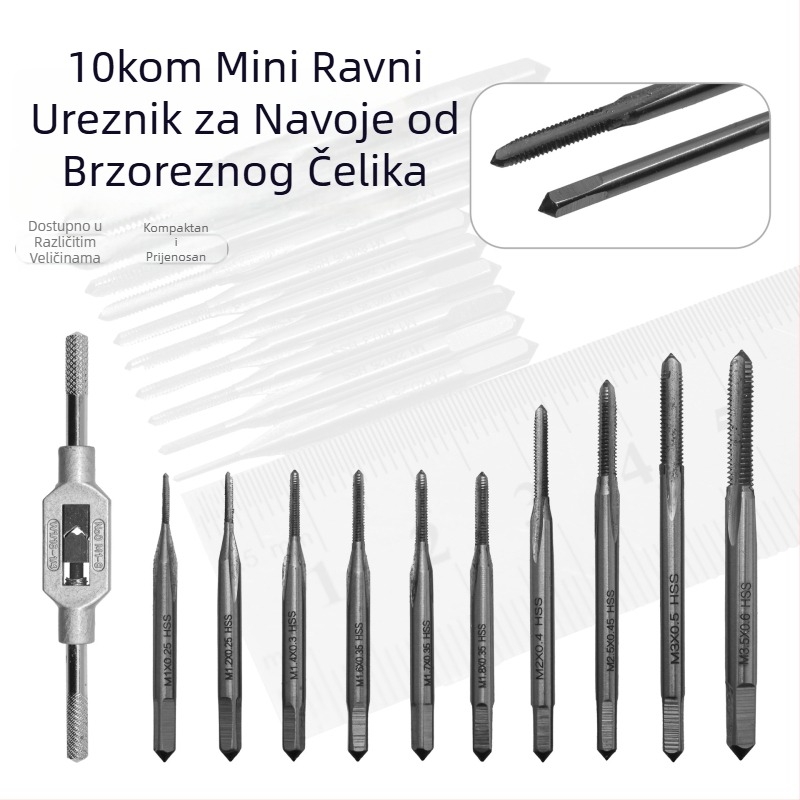 Set od 10 mini tapsova s pravim žljebovima, HSS, uz ključ za taps, veličine M1×0.2–M3×0.6