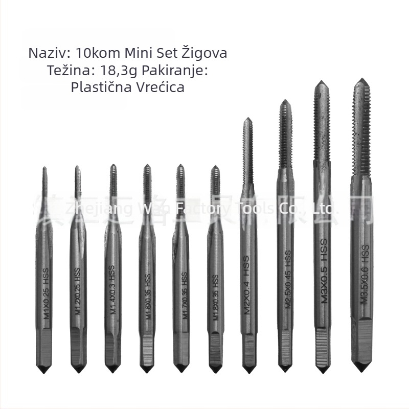 Set od 10 mini tapsova s pravim žljebovima, HSS, uz ključ za taps, veličine M1×0.2–M3×0.6