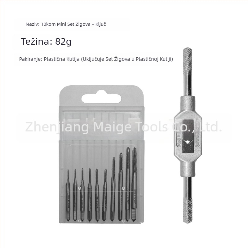 Set od 10 mini tapsova s pravim žljebovima, HSS, uz ključ za taps, veličine M1×0.2–M3×0.6