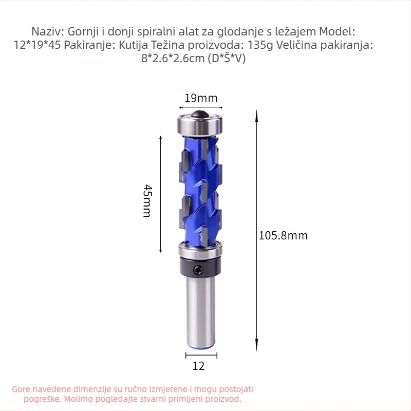 Spiralna glodalica s ležajem, 1/2 inča osovina, komplet od 12 komada za obradu drveta