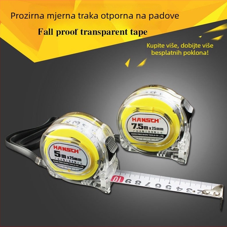 Hans metalna mjera-traka, 5 m, širina 19 mm/25 mm, prijenosni proziran mjerni alat