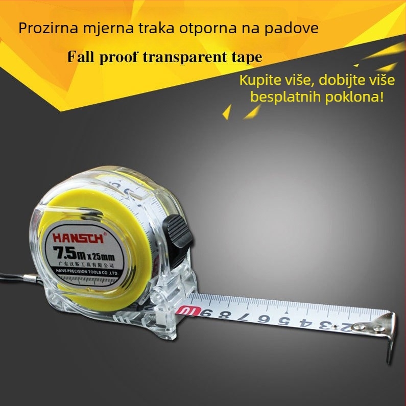Hans metalna mjera-traka, 5 m, širina 19 mm/25 mm, prijenosni proziran mjerni alat
